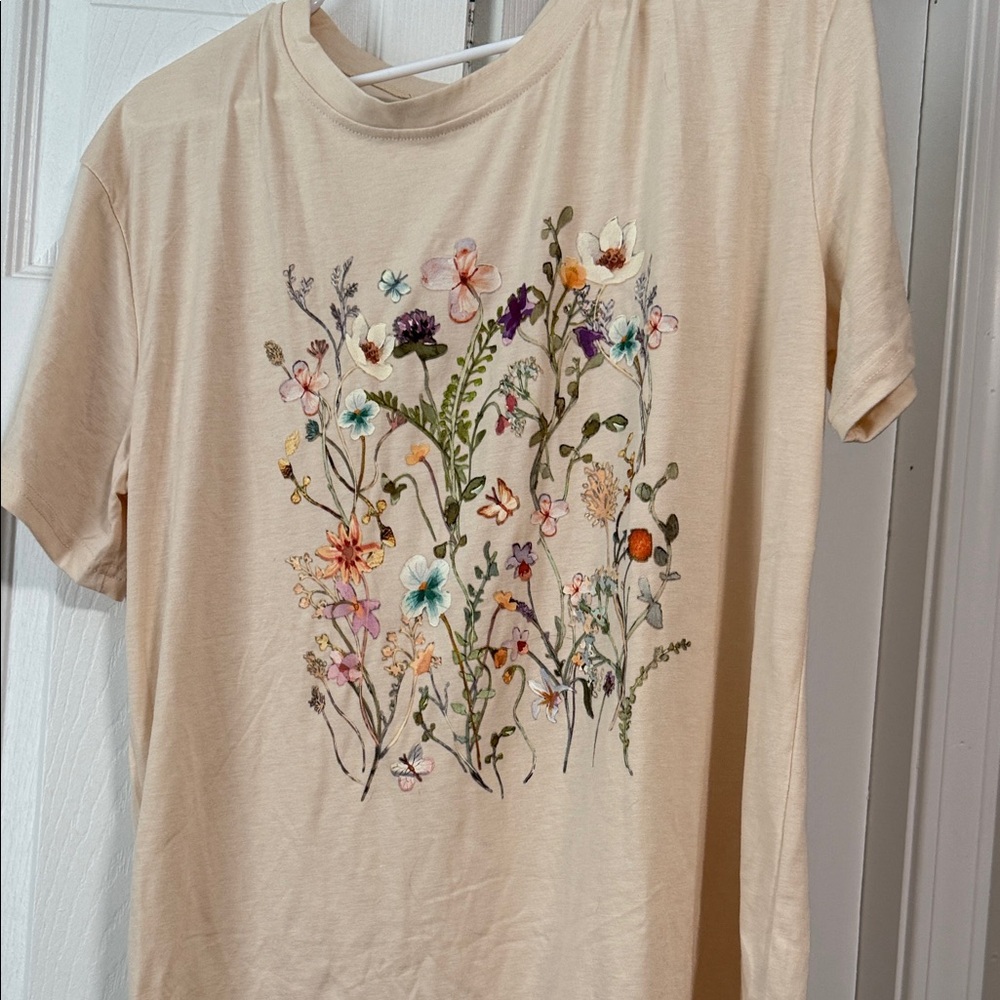 Floral Embroidered Beige T-Shirt